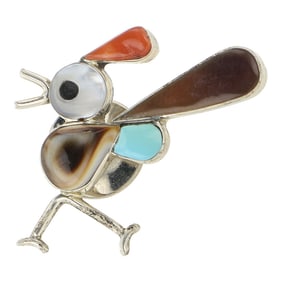 Zuni Turquoise Coral & Shell Inlay Pin