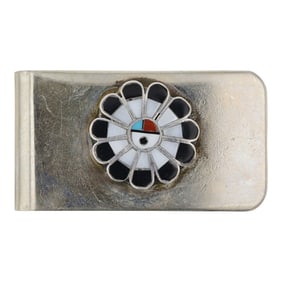 Zuni Turquoise Coral Mother of Pearl & Acoma Jet Inlay Sterling Silver & Nickel Money Clip