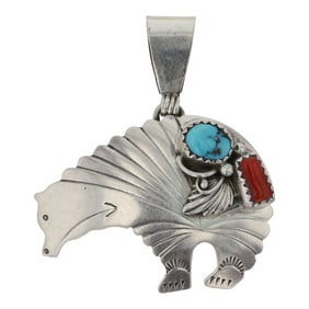 RB Navajo Turquoise & Coral Bear Pendant