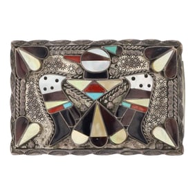 Bobby & Corraine Shack Zuni Turquoise Coral Mother of Pearl & Shell Inlay Belt Buckle