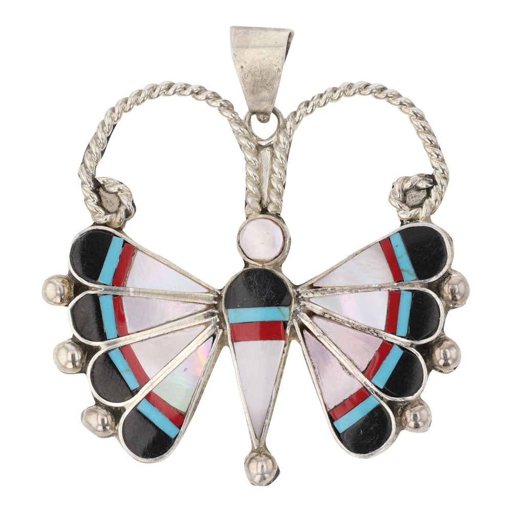 Zuni Turquoise Coral Acoma Jet & Shell Inlay Butterfly Pendant: Sterling Silver | Genuine Turquoise, Coral, Acoma Jet & Shell | Zuni Turquoise Coral Acoma Jet & Shell Inlay Butterfly Pendant | Zuni Native American Southwest Indian Jewelry | Good (no breaks or dama