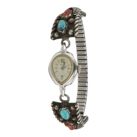Vintage Navajo Turquoise & Coral Watch Bracelet