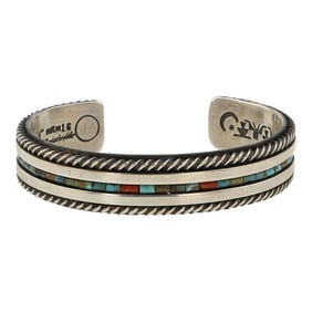 Aaron Brokeshoulder Choctaw Contemporary Artist Turquoise & Coral Intricate Cuff Bracelet