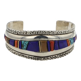 Wes Willie Award Winning Navajo Artist Turquoise Coral Lapis & Petrified Wood Sterling Silver & 18K