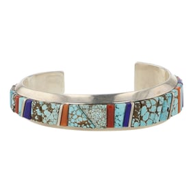 Wes Willie Award Winning Navajo Artist Number Eight Turquoise Lapis & Coral Inlay Cuff Bracelet