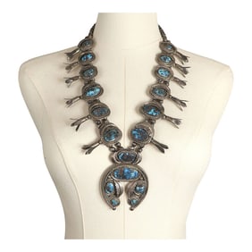 Vintage Navajo 1970's Morenci Turquoise Squash Blossom Necklace