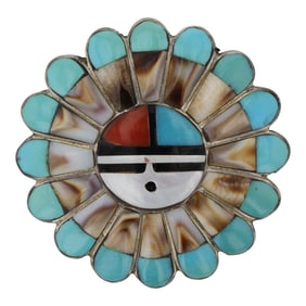 Zuni Turquoise Coral Mother of Pearl & Shell Inlay Pin/ Pendant