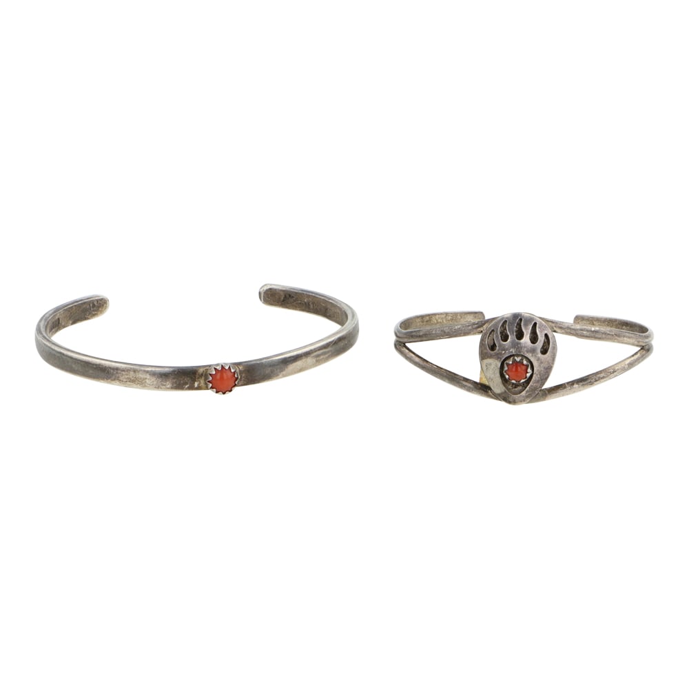 Vintage Navajo Lot of Two Coral Baby Bracelets: Sterling Silver | Genuine Coral | Vintage Navajo Lot of Two Coral Baby Bracelets | Navajo Native American Southwest Indian Jewelry | Good (no breaks or damages) | Approximate Weight: 8 Grams | 2 - Bra