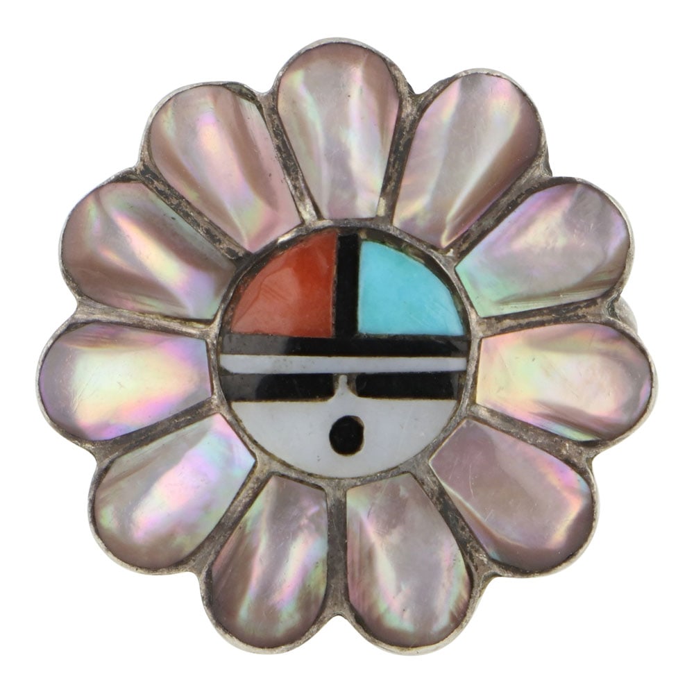 Vintage Zuni Turquoise Coral Mother of Pearl Pink Mussel Shell Inlay Ring (1 of 3)