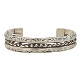 Vintage Navajo Plain Silver Half Round & Twist Wire Cuff Bracelet