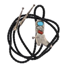 Vintage Navajo Turquoise & Coral Boot Bolo Tie