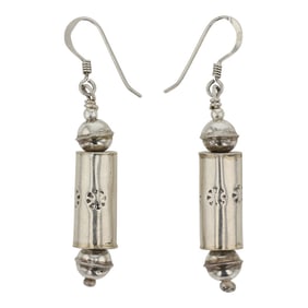 Navajo Plain Silver Stamped Tube & Bench Beads Earrings