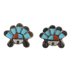 Vintage Zuni Turquoise Coral Mother of Peral & jet Inlay Earrings