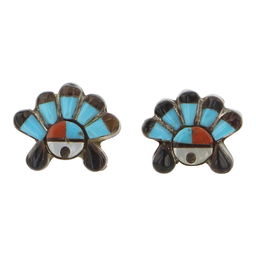 Vintage Zuni Turquoise Coral Mother of Peral & jet Inlay Earrings: Sterling Silver | | Vintage Zuni Turquoise Coral Mother of Peral & jet Inlay Earrings | Zuni Native American Southwest Indian Jewelry | Good (no breaks or damages) | Approximate Weight: 4 Grams | Earr