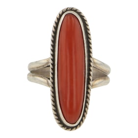 Vintage Navajo Mediterranean Coral Long Oval Ring