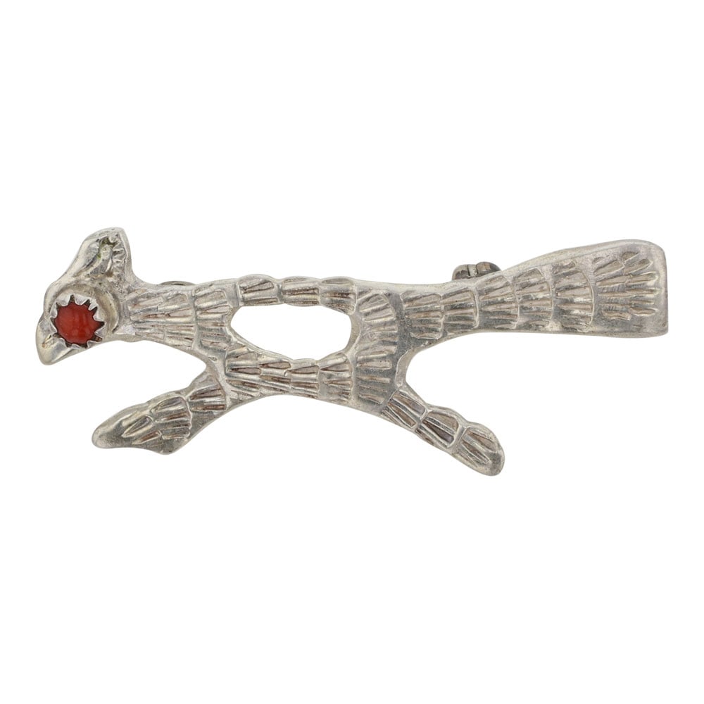 Navajo Mediterranean Coral Roadrunner Pin: Sterling Silver | Genuine Mediterranean Coral | Navajo Mediterranean Coral Roadrunner Pin | Navajo Native American Southwest Indian Jewelry | Good (no breaks or damages) | Approximate Weight: 3 Grams 