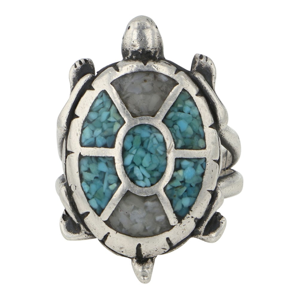 Vintage Navajo Turquoise Chip Inlay Ring: Sterling Silver | Genuine Turquoise | Vintage Navajo Turquoise Chip Inlay Ring | Navajo Native American Southwest Indian Jewelry | Good (no breaks or damages) | Approximate Weight: 11 Grams | Ring: 8.