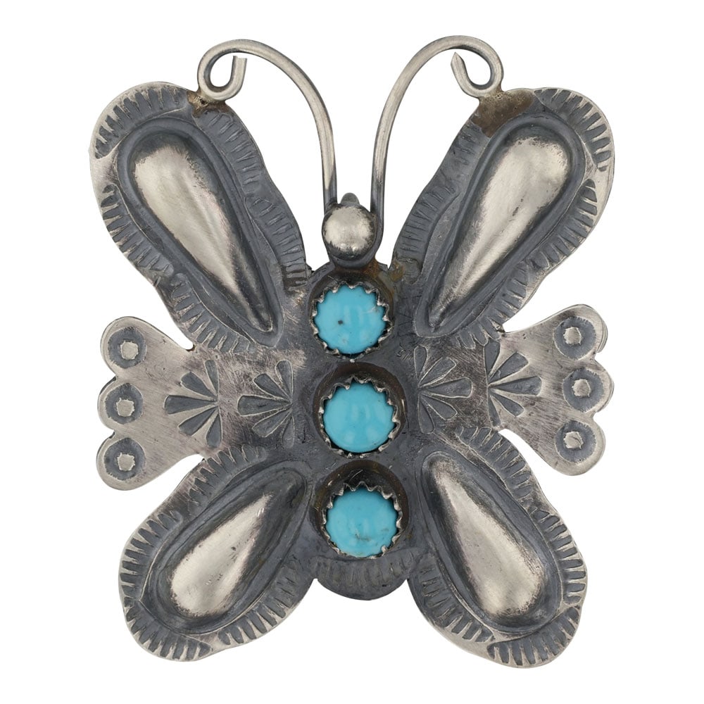 Navajo Kingman Turquoise Butterfly Pin: Sterling Silver | Genuine Kingman Turquoise | Navajo Kingman Turquoise Butterfly Pin | Navajo Native American Southwest Indian Jewelry | Good (no breaks or damages) | Approximate Weight: 7 Grams | Pin