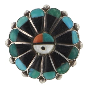 Vintage Zuni Turquoise Coral Mother of Peral & Jet Inlay Ring