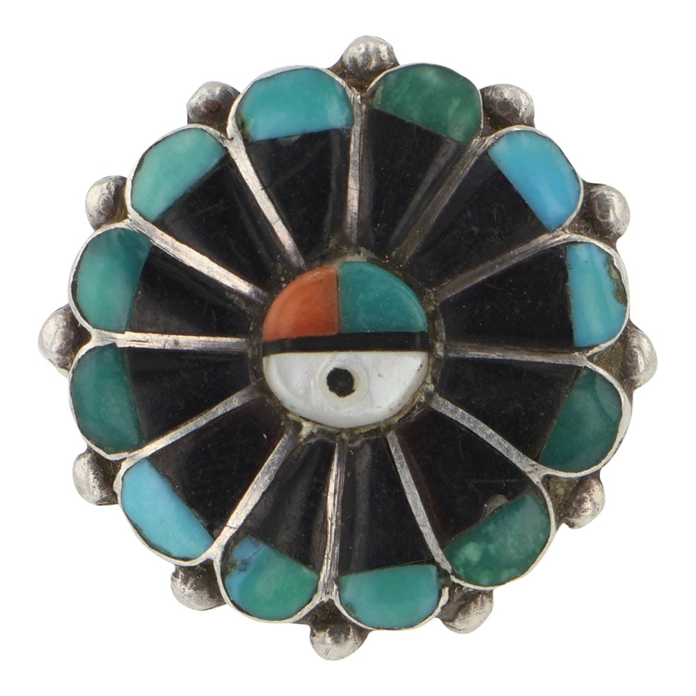 Vintage Zuni Turquoise Coral Mother of Peral & Jet Inlay Ring: Sterling Silver | Genuine Turquoise, Coral, Mother of Pearl & Jet | Vintage Zuni Turquoise Coral Mother of Peral & Jet Inlay Ring | Zuni Native American Southwest Indian Jewelry | Good (no breaks or d