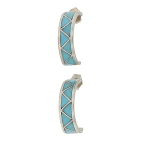 Zuni Kingman Turquoise Inlay Hoop Earrings