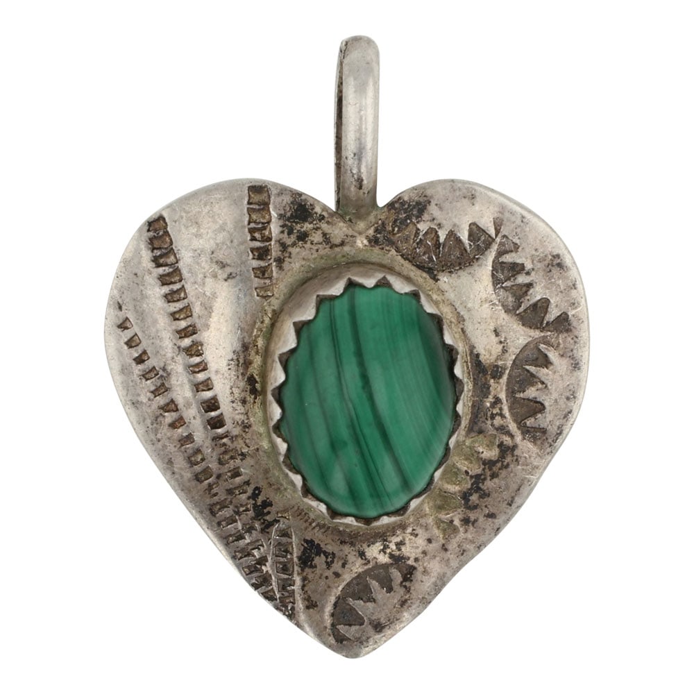 Navajo Malachite Heart Pendant: Sterling Silver | Genuine Malachite | Navajo Malachite Heart Pendant | Navajo Native American Southwest Indian Jewelry | Good (no breaks or damages) | Approximate Weight: 1 Grams | Pendant: .75" x .75