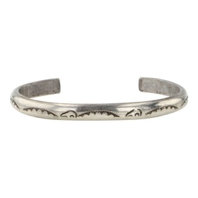 Navajo Plain Silver Stamp-Work Cuff Bracelet