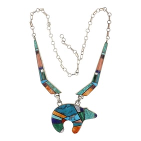 Phillip Sanchez Isleta Pueblo Turquoise Coral malachite Spiny Oyster & lapis Inlay Bear Necklace
