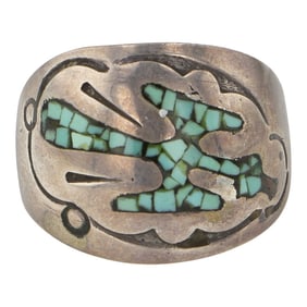 Vintage Navajo Turquoise Chip Inlay Peyote Bird Ring