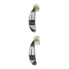 Zuni Turquoise Coral Mother of Peral & Jet Inlay Earrings