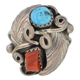 Vintage Navajo Turquoise & Coral Ring