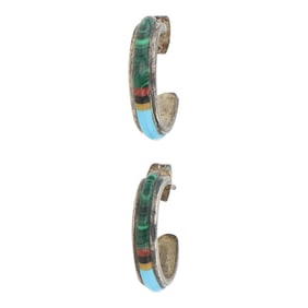 Vintage Zuni Turquoise Coral Shell & Malachite Inlay Hoop Earrings