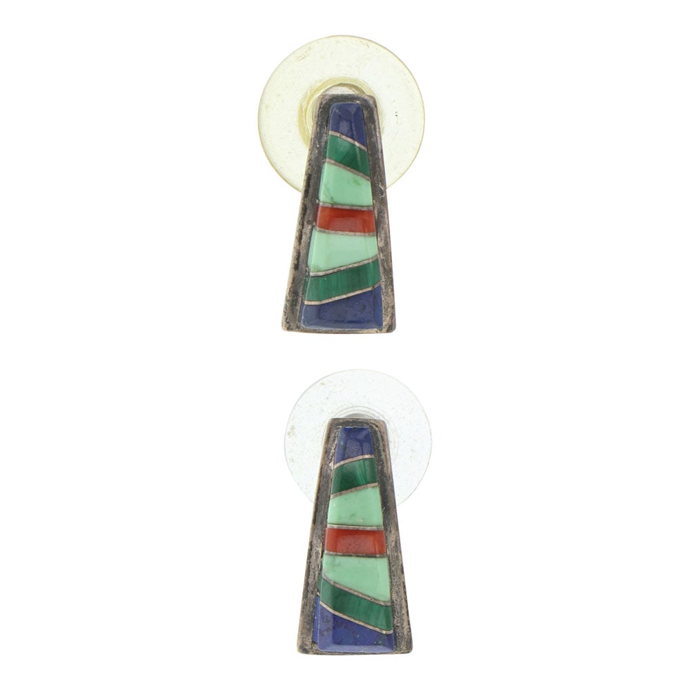Zuni Coral Malachite Variscite & Lapis Inlay Earrings (1 of 2)