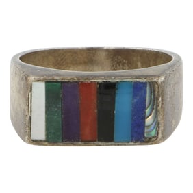 Vintage Zuni Turquoise Coral Malachite Lapis & Shell Inlay Ring