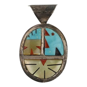 Vintage Zuni Turquoise Coral & Mussel Shell Inlay Pendant