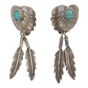 Vintage Navajo Kingman Turquoise Cast Feather Earrings