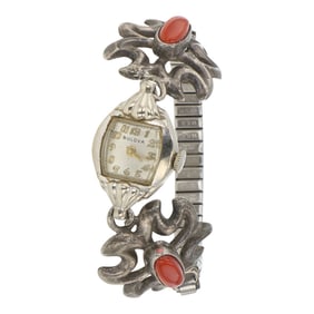 Vintage Navajo Mediterranean Coral Sandcast Watch Bracelet