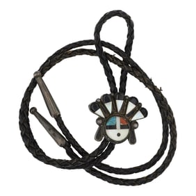 Vintage Zuni Turquoise Coral Mother Of Pearl & Jet Black Inlay Bolo Tie