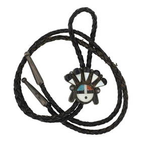 Vintage Zuni Turquoise Coral Mother Of Pearl & Jet Black Inlay Bolo Tie (1 of 3)