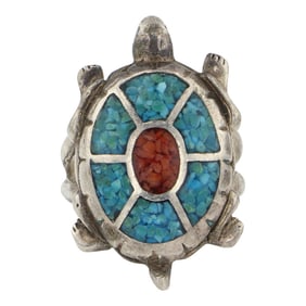 Vintage Navajo Turquoise & Coral Chip Inlay Turtle Ring