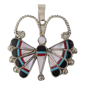 Zuni Turquoise Coral Acoma Jet & Pink Mussel Shell Inlay Butterfly Pendant