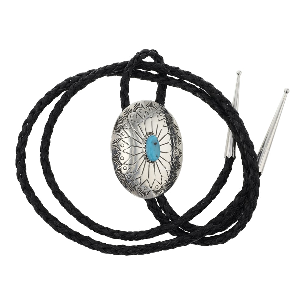 Navajo Kingman Turquoise Bolo Tie: Sterling Silver | Genuine Kingman Turquoise | Navajo Kingman Turquoise Bolo Tie | Navajo Native American Southwest Indian Jewelry | Good (no breaks or damages) | Approximate Weight: 23 Grams | Bolo Ti