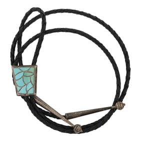 Vintage Zuni Sleeping Beauty Turquoise Inlay Bolo Tie