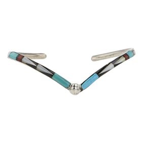 Zuni Turquoise Coral Mother of Peral & Acoma Jet Inlay Bracelet