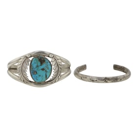 Vintage Navajo Nevada Turquoise & Plain Silver Baby Bracelets Lot of Two