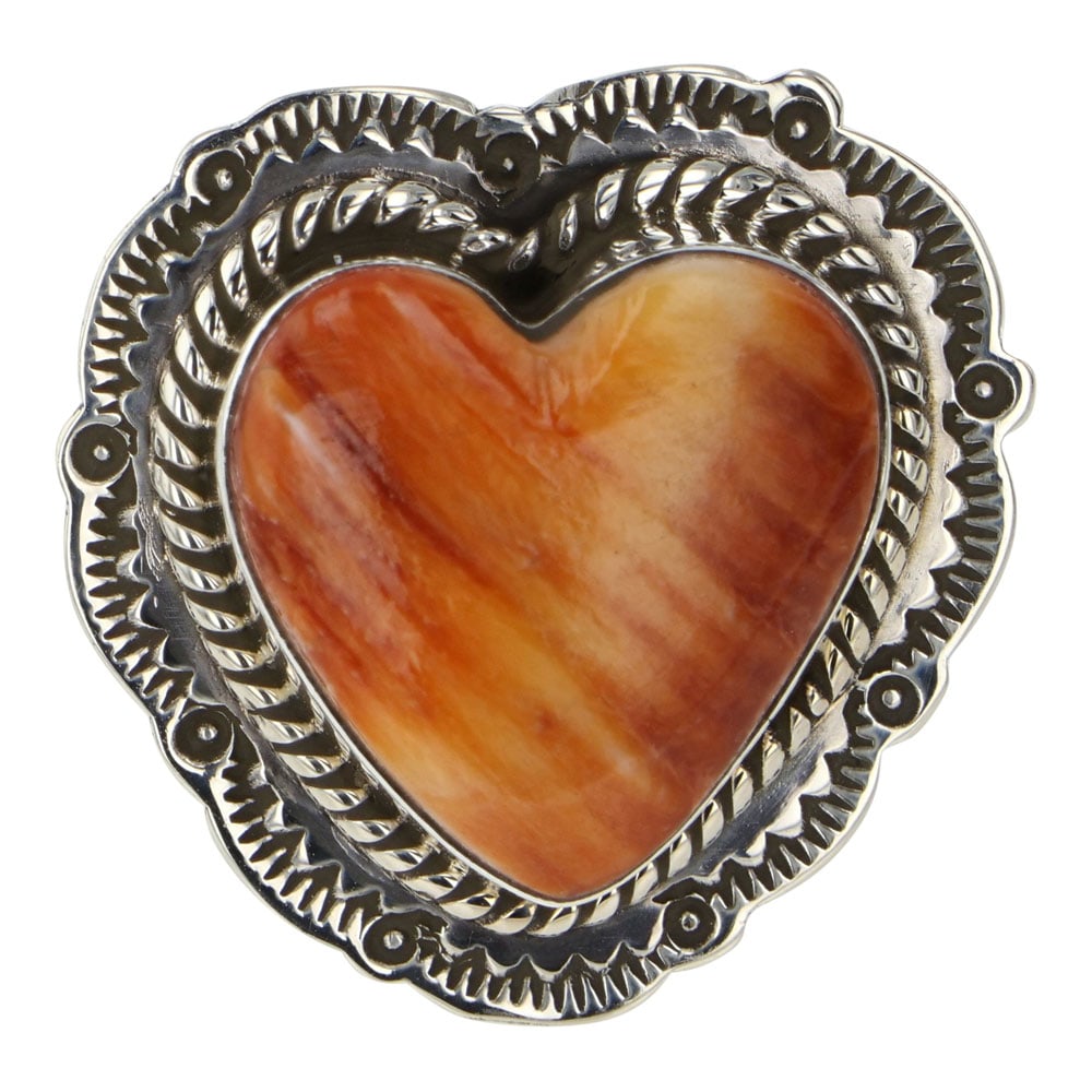 Navajo Spiny Oyster Heart Adjustable Ring: Sterling Silver | Genuine Spiny Oyster | Navajo Spiny Oyster Heart Adjustable Ring | Navajo Native American Southwest Indian Jewelry | Good (no breaks or damages) | Approximate Weight: 15 Grams | Ring