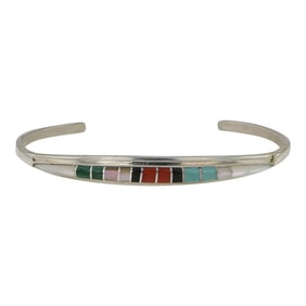 Zuni Turquoise Coral Malachite & Mother of Pearl Inlay Zuni Bracelet