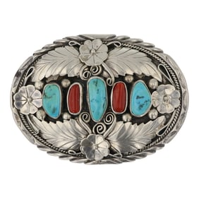 Jefferson James Navajo Turquoise & Coral Belt Buckle