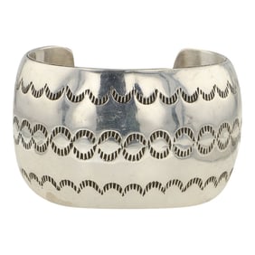 Navajo Plain Silver Stamp Work Wide Domed Cuff Bracelet