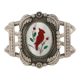 Vintage Zuni Coral Turquoise & Mother of Pearl Inlay Bird Bracelet